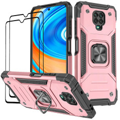 KANSi Coque Compatible pour Xiaomi Redmi Note 9 Pro/Redmi Note 9S, Verre Trempé [2 Pièces] Housse TPU Silicone Rotation 360° Aim