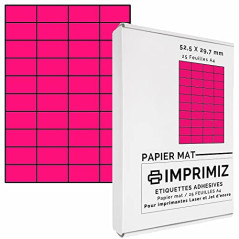 1000 étiquettes autocollantes Rose fluo de 52,5 X 29,7 mm - 40 étiquettes/feuille - 25 planches papier A4 adhésif couleur - pour