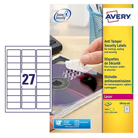 Avery Boîte de 20 Feuilles d'étiquette anti fraude 63,5 x 29,6 mm