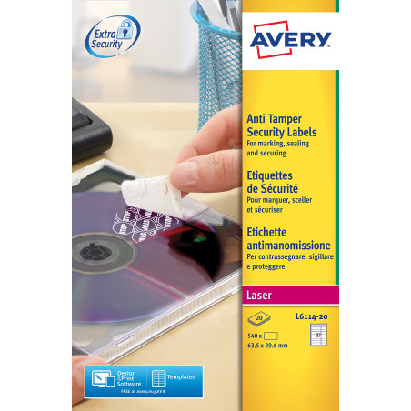 Avery Boîte de 20 Feuilles d'étiquette anti fraude 63,5 x 29,6 mm