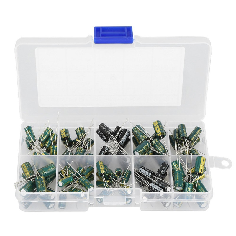 Condensateur électrolytique, 100pcs 10 valeurs 10V-63V Kit d'assortiment de condensateurs pour fils radiaux en aluminium Condensateur électrolytique, 100pcs 10 valeurs 10V-63V Kit d'assortiment de condensateurs pour fils radiaux en aluminium