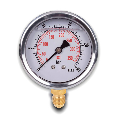 Manomètre glycérine connexion radiale, IP65 inox 63 mm avec connecteur bas, 1/4 glycérine (0-25bar)