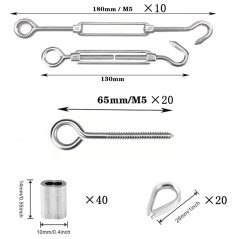 TooTaci Kit M5 Tendeur Filin Acier 3mm, M5 Tendeur Cable Inox en acier inoxydable 304, Crochets à Oeil,Manchons de Câble Métalli