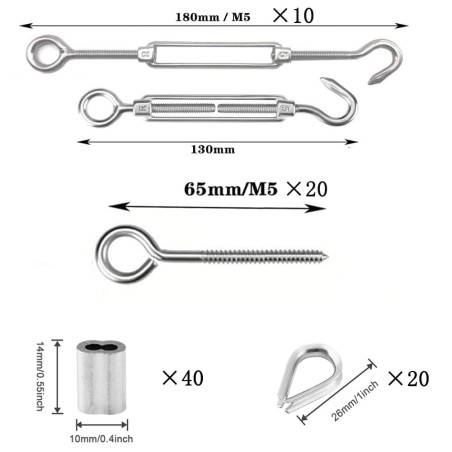 TooTaci Kit M5 Tendeur Filin Acier 3mm, M5 Tendeur Cable Inox en acier inoxydable 304, Crochets à Oeil,Manchons de Câble Métalli