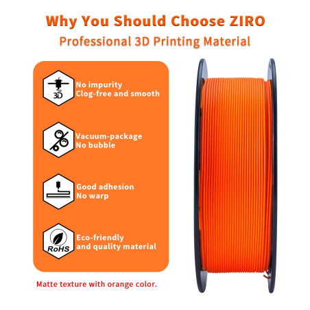 ZIRO Filament PLA Mat 1.75mm, Filament pour Imprimante 3D 1kg, PLA Haute Ténacité, Précision Dimensionnelle +/- 0.03mm, Orange