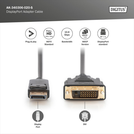 DIGITUS Câble adaptateur DisplayPort - DP - DVI (24+1) - Full-HD 1080p/60Hz - Displayport 1.1a - 2.0m - avec verrouillage - adap