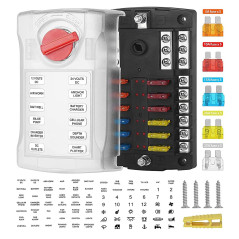 Jtron Boîte à fusibles 12 V pour voiture - 12 compartiments - Avec affichage LED - Couvercle de protection et 12 fusibles standa