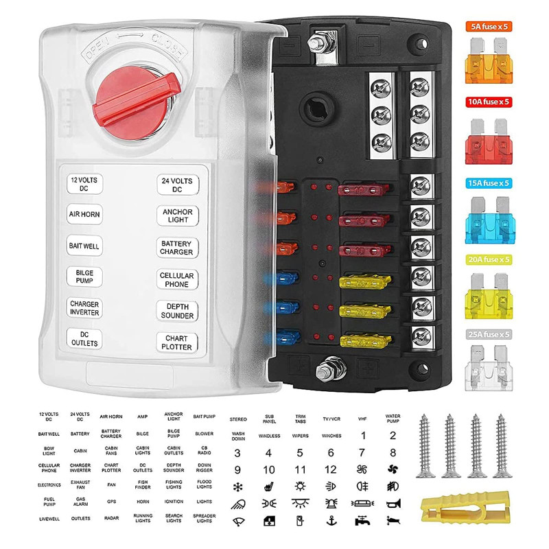 Jtron Boîte à fusibles 12 V pour voiture - 12 compartiments - Avec affichage LED - Couvercle de protection et 12 fusibles standa Jtron Boîte à fusibles 12 V pour voiture - 12 compartiments - Avec affichage LED - Couvercle de protection et 12 fusibles standa