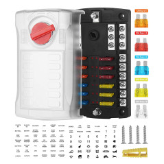 Jtron Boîte à fusibles 12 V pour voiture - 12 compartiments - Avec affichage LED - Couvercle de protection et 12 fusibles standa