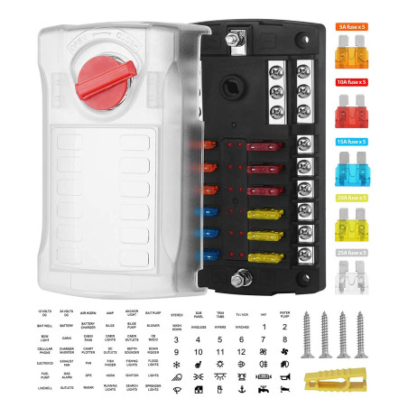 Jtron Boîte à fusibles 12 V pour voiture - 12 compartiments - Avec affichage LED - Couvercle de protection et 12 fusibles standa