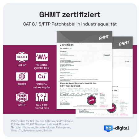 HB-DIGITAL 5m Câble Ethernet CAT 8 Cordon de brassage - Certifié GHMT - Cable Réseau AWG 24 S/FTP LSZH 40Gbps 2000MHz cuivre pur