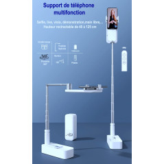 Trépied Support de téléphone Pliable 125cm pour Selfie, vidéo, tuto, Live, démonstration, TikTok, Rétractable Multi-Position, La