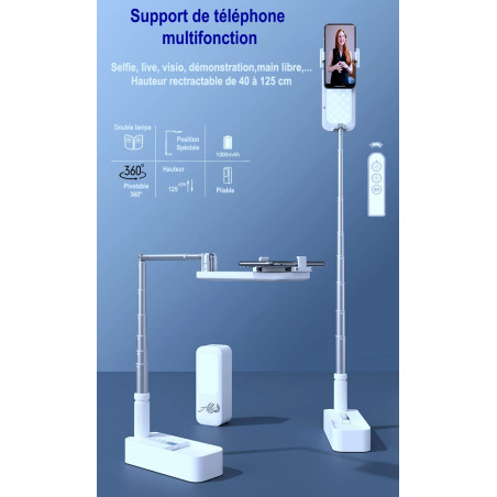Trépied Support de téléphone Pliable 125cm pour Selfie, vidéo, tuto, Live, démonstration, TikTok, Rétractable Multi-Position, La
