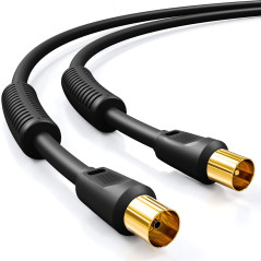 deleyCON 1m TV Câble Antenne (IEC-Fiche vers IEC-Coupleur) Câble Coaxial HDTV 4-Fois Blindage 2x Noyau Ferrite Filtre Courant de