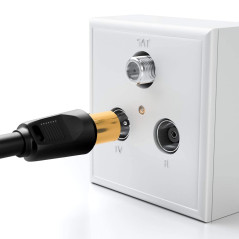 deleyCON 1m TV Câble Antenne (IEC-Fiche vers IEC-Coupleur) Câble Coaxial HDTV 4-Fois Blindage 2x Noyau Ferrite Filtre Courant de
