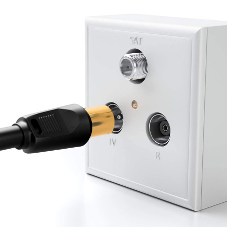 deleyCON 1m TV Câble Antenne (IEC-Fiche vers IEC-Coupleur) Câble Coaxial HDTV 4-Fois Blindage 2x Noyau Ferrite Filtre Courant de