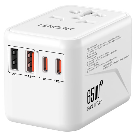 LENCENT Adaptateur de Voyage Universel Chargeur International GaN3 65W avec 2 QC4,0 USB-A et 2 PD3,0 Type C PPS Charge Rapide Ad