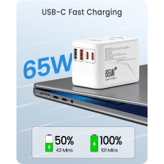 LENCENT Adaptateur de Voyage Universel Chargeur International GaN3 65W avec 2 QC4,0 USB-A et 2 PD3,0 Type C PPS Charge Rapide Ad