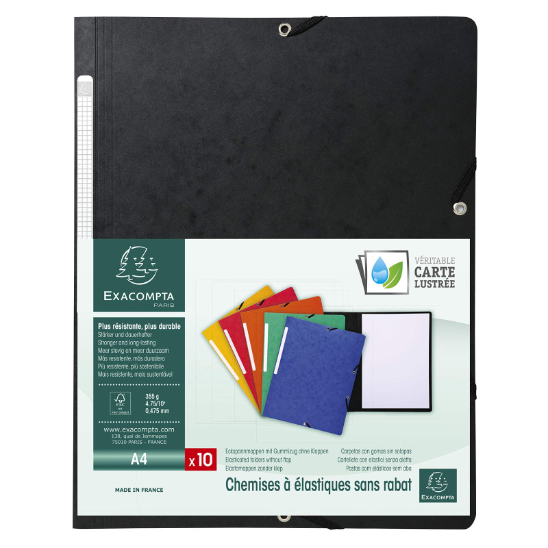 Exacompta - Réf. 55411E - Paquet de 10 chemises à élastiques sans rabat - pochettes en carte lustrée 355 g/m² - dimensions 24 x Exacompta - Réf. 55411E - Paquet de 10 chemises à élastiques sans rabat - pochettes en carte lustrée 355 g/m² - dimensions 24 x