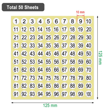 Numéros Autocollants,50 Feuilles 1-100 Numérotées étiquettes Autocollantes Gommettes Rondes Adhesive Nombres à Petits Chiffres,D