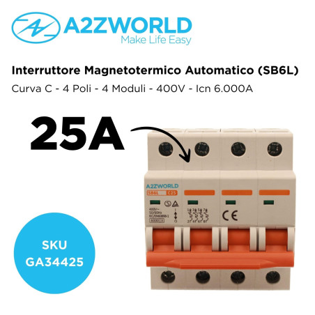 Interrupteur magnétothermique triphasé, MCB 380 V 4P 25 A C25, courbe C 6 kA, 4 modules DIN