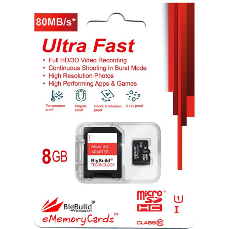 BigBuild Technology 8Go Ultra Rapide Class 10 80Mo/s MicroSD SDHC Carte mémoire pour Huawei MediaPad T3 10 Tablet, Adaptateur SD