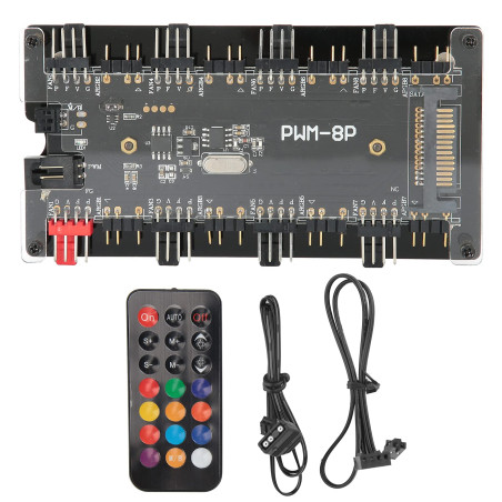 Boîtier Fan Hub PWM + ARGB Contrôleur 2 en 1, alimentation SATA + contrôle de la carte mère et télécommande, pour ventilateur de