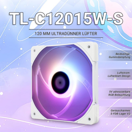 Thermalright C12015W-S cpu ventilateur boîtier d’ordinateur ventilateur silencieux 4pin PWM ARGB PC ventilateur, 15mm Slimline c
