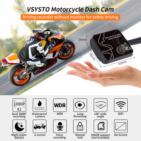 VSYSTO Dashcam Moto, Grand Angle de 130° Caméra de Moto Avant et Arriere 1080P, Camera Velo étanche, WiFi Dash Cam Moto avec Vis