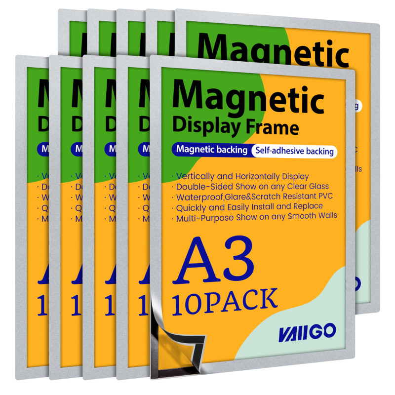 VAIIGO A3 Cadre Magnétique, Cadre d'information, Autocollant de Fermeture magnétique pour Documents, Photos, Sachet (Argent, A3/