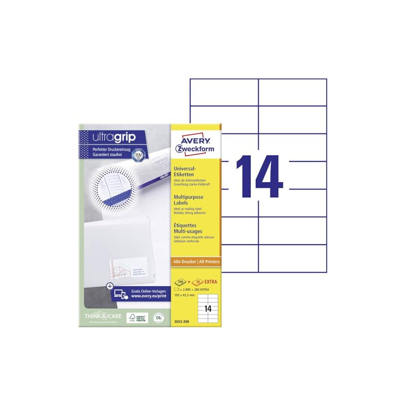 Avery 2800 Etiquettes Autocollantes Multi-usages (14 par Feuille) - 105x42,3mm - Impression Laser - Jet d'Encre - Blanc (3653) Avery 2800 Etiquettes Autocollantes Multi-usages (14 par Feuille) - 105x42,3mm - Impression Laser - Jet d'Encre - Blanc (3653)