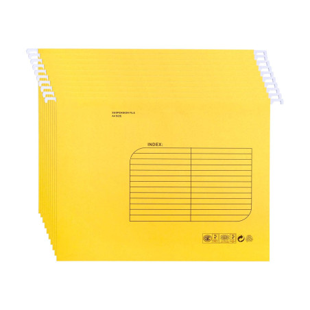 Lot de 25 Dossiers Suspendus A4 avec Onglets et Cartes Pour Bureau, école(Jaune)