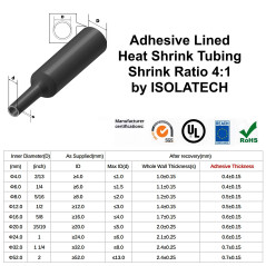 ISOLATECH Gaine thermorétractable au mètre noire avec adhésif Ø 32mm 2 mètres Kit 4:1 Polyoléfine pour l'isolation de câbles Con