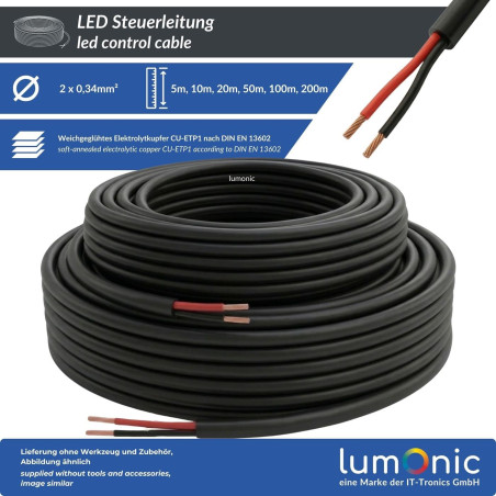 Lumonic 2x0,34mm² LED Ligne de contrôle noir 20m | câble gainé 2 fils flexible | LiYY Extension, Câble d'alimentation, Câble d'a