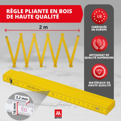 Metrie™ BLOCK 52 Mètre pliant – Mètre en bois 2 m | Jaune Soleil – Graduation duplex, Fabriqué dans l’UE | Robuste et précis | p