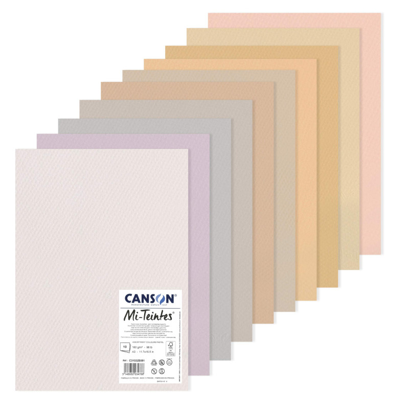 CANSON Mi-Teintes - Assortiment 10 feuilles de papier dessin A3 - 160g/m² - Couleurs pastel CANSON Mi-Teintes - Assortiment 10 feuilles de papier dessin A3 - 160g/m² - Couleurs pastel