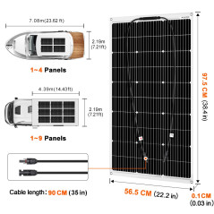 DOKIO Panneau Solaire Souple 100W 12V Monocristallin Semi-Flexible pour Camping-Car, Camper, Van, Bateaux et Autres Surfaces Iné