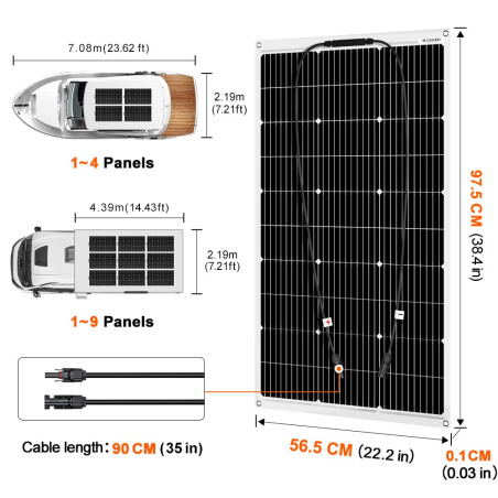 DOKIO Panneau Solaire Souple 100W 12V Monocristallin Semi-Flexible pour Camping-Car, Camper, Van, Bateaux et Autres Surfaces Iné