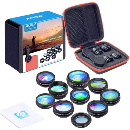 Apexel Kit d'objectifs 10 en 1 pour téléphone Objectif Grand Angle, Objectif Macro, Objectif fisheye, téléobjectif kaléidoscope