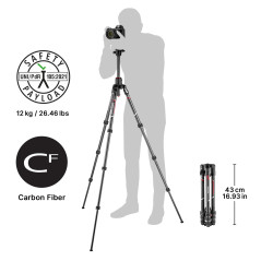 Manfrotto Befree GT XPRO Trépied en Carbone,Rotule Ball Centrée 496, Fermeture Twist, Colonne 90°, Plateau 200PL-PRO, pour Refle