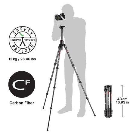 Manfrotto Befree GT XPRO Trépied en Carbone,Rotule Ball Centrée 496, Fermeture Twist, Colonne 90°, Plateau 200PL-PRO, pour Refle