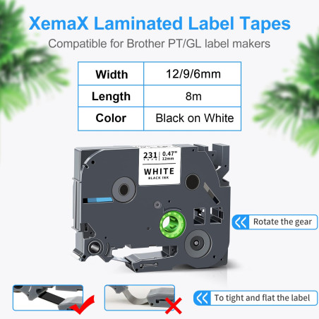 Xemax Compatible Ruban 6mm/9mm/12mm x 8m Remplacement pour Brother Tze-231 Tze-221 Tze-211 Noir sur Blanc Laminé Cassette pour P