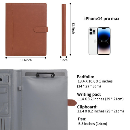 Wason Portefeuille A4 Padfolio Porte-documents en Cuir PU avec Multi-poches Bloc-notes Planchettes Amovible et Support Téléphone