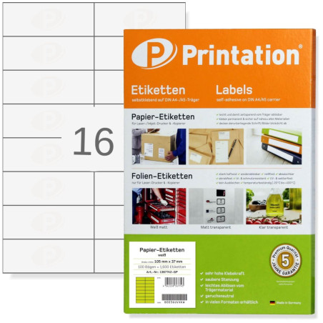 Printation Étiquettes Autocollantes 105x37mm - 400 Étiquettes Multi-Usages, 16 Par Feuille, 25 Feuilles A4 - Feuille Autocollant
