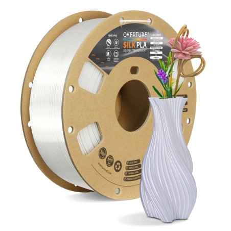 OVERTURE Soie PLA Filament 1.75mm, Bobine de 1kg(2,2lbs), Précision dimensionnelle +/- 0,02 mm (Soie Blanc)