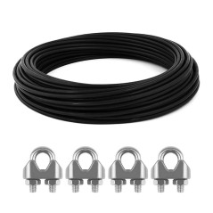 LbsAMP 15M Câble en Acier 3mm Noir PVC avec 4 Serre-Câbles Acier Câble Métallique en Acier Inoxydable pour Fil Métallique Gainé