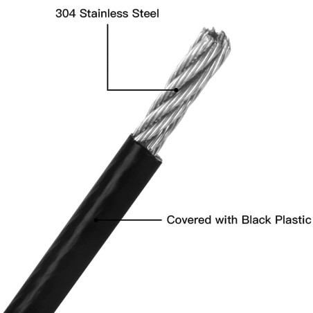 LbsAMP 15M Câble en Acier 3mm Noir PVC avec 4 Serre-Câbles Acier Câble Métallique en Acier Inoxydable pour Fil Métallique Gainé