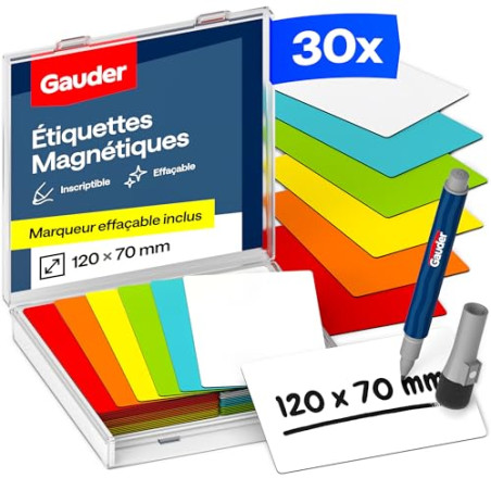 GAUDER Étiquettes Magnétiques Inscriptibles | (120 x 70 mm) Cartes Magnétiques Effaçables | Pour Tableaux Kanban et Blanc