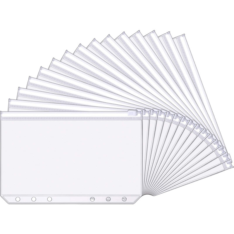 Lot de 15 pochettes en plastique, format A6, 6 trous, avec fermeture à glissière, étanche, pour documents, carnets, cartes Lot de 15 pochettes en plastique, format A6, 6 trous, avec fermeture à glissière, étanche, pour documents, carnets, cartes