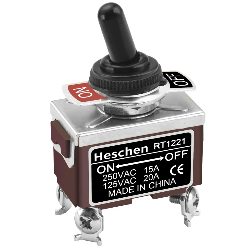 Heschen Interrupteur à bascule en métal RT1221 DPST - Type maintenu - Marche/arrêt - 2 positions - 15 A 250 VAC - Avec capuchon 
